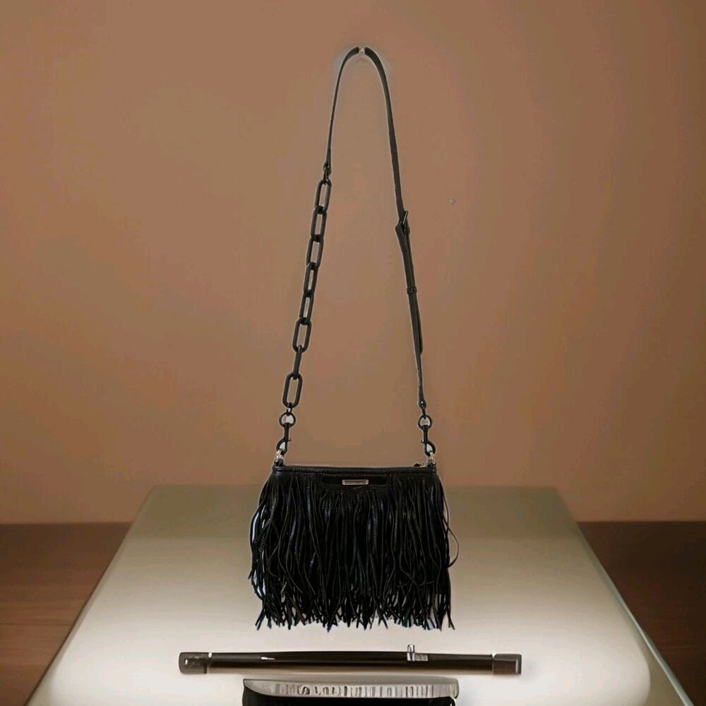 Rebecca Minkoff Fringe Black Crossbody Hippie Boho Leather Bag Purse - Picture 2 of 12